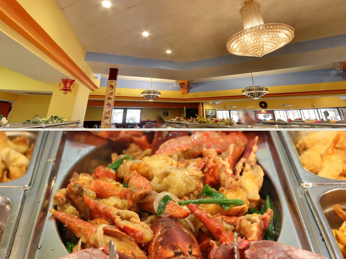 Buffet line with trays of Chinese dishes